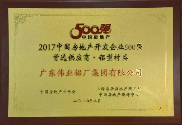 伟业铝材荣获2017年中国房地产开发企业500强首选供应商